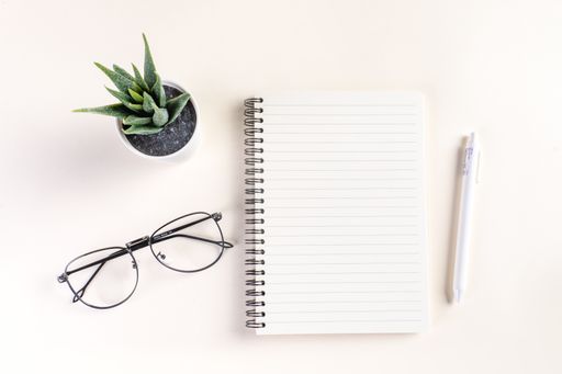 A closeup shot of a notepad, a pen, glasses, and a plant