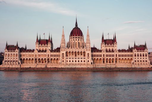This is the Hungarian Parliament building at Sunset located in Budapest, Hungary.