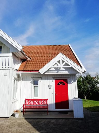 A vertical shot of a rural house with typical Norwegian architecture during daylight
