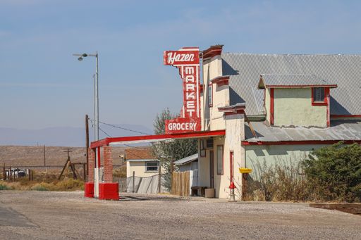 The Hazen Market building stands at the edge of the small historical Nevada town of Hazen, a brief location along Nevada Highway 50.