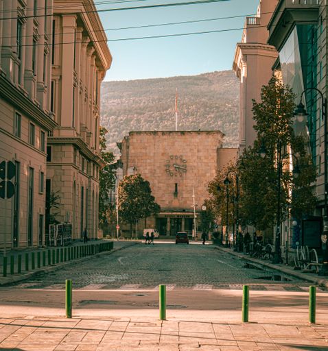 A street surrounded by buildings in Skopje