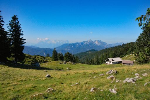 Kohler Alm mountain hut near Inzell, with Sonntagshorn at Chiemgau alps, Bavaria, Germa