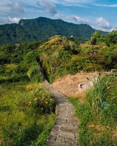 A high angle shot of a concrete pathway in a forest with beautiful green mountains in the background