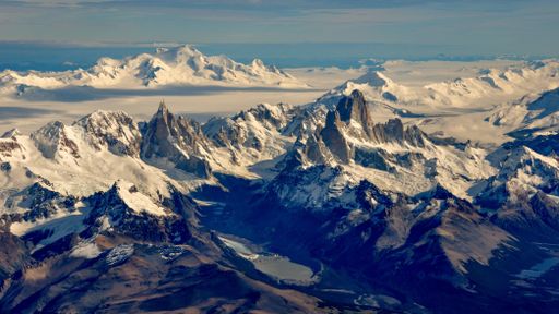 aerial view of mountains Fitz Roy, Cerro Torre, volcano Lautaro and the southern patagonian ice field, Patagonia, between Chile and Argentina