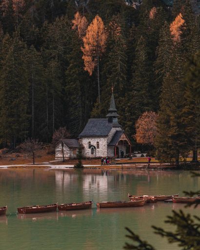 Little famous church on the coast of lake Braies in sudtirol