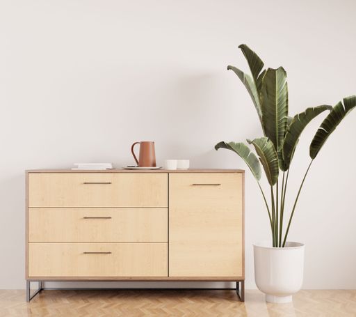 A 3D rendering of a white Modern living room corner interior with a cupboard and a plant