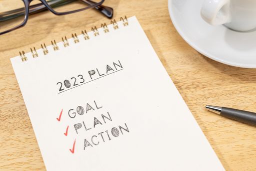 2023 plan concept. Goal, plan, action checklist on notepad