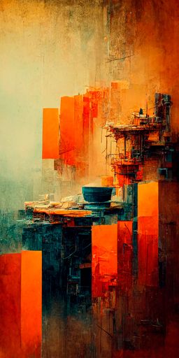 A vertical abstract art of a kitchen with orange and blue colors