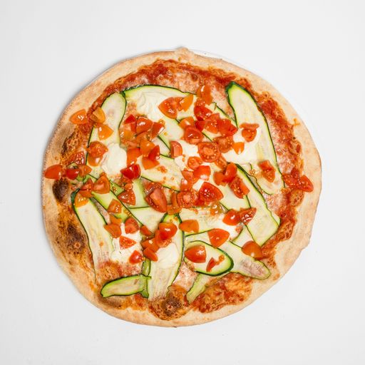 A top view of pizza on a white background