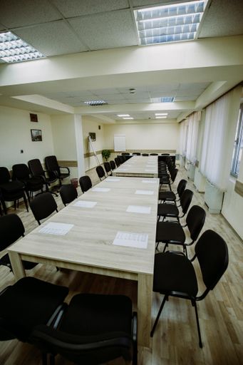 A vertical shot of a conference hall