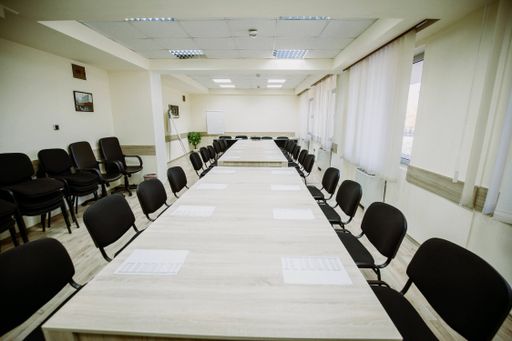 A closeup shot of a conference hall