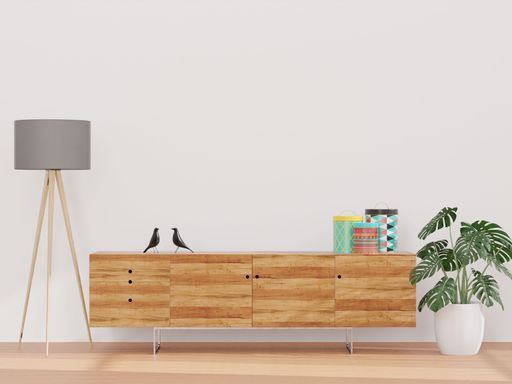 A 3D rendering of a living room with a white wall and wooden cabinet