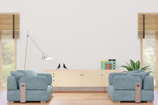 A 3D rendering of a living room with a white wall and blue couch