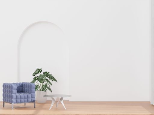 A 3D rendering of a living room with a white wall and blue sofa