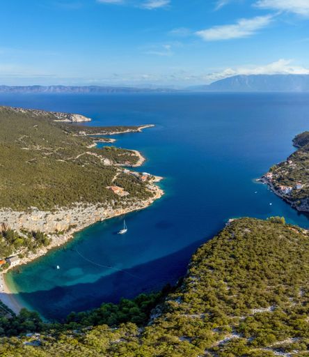 Aerial view of beautiful beach and coastline near Pokrivenik on Hvar island in Croatia