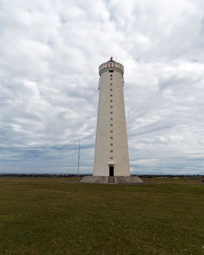 The new Gardur lighthouse in Gardur, Iceland.