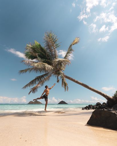 A vertical shot of a male jumping toward the bending palm in the seashore