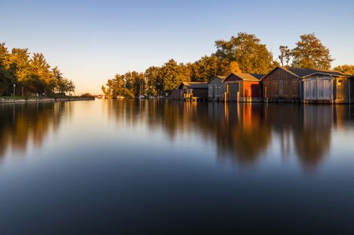 The Boat huts in Plau on the Mecklenburg Lake District in Germany at sunset