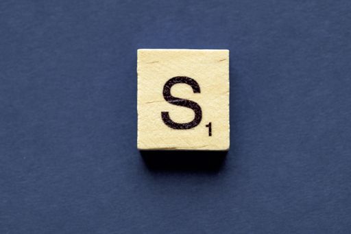 the letter S on a wooden cube from a wordplay board game