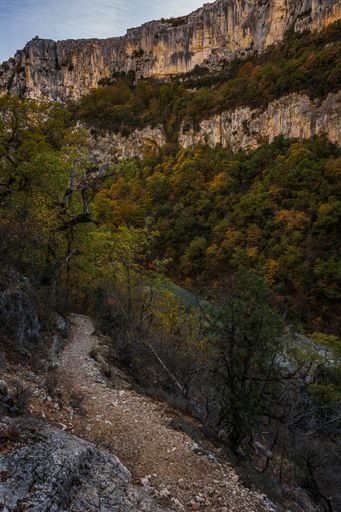 A vertical shot of the hiking area Sentier Blanc-Martel with colorful trees in autumn