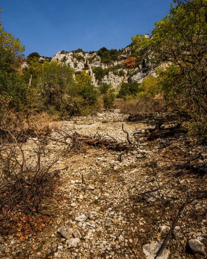 A vertical shot of the hiking area Sentier Blanc-Martel with colorful trees under the blue sky in autumn