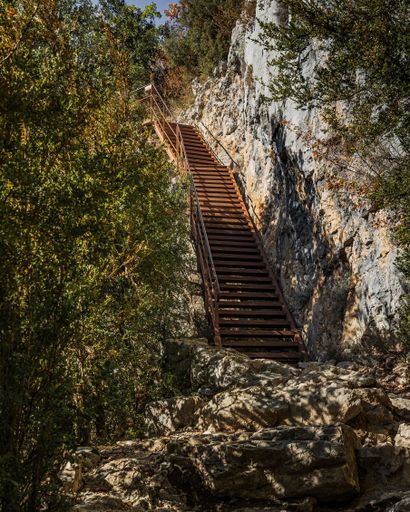A vertical shot of a metal stair in the hiking area Sentier Blanc-Martel with trees