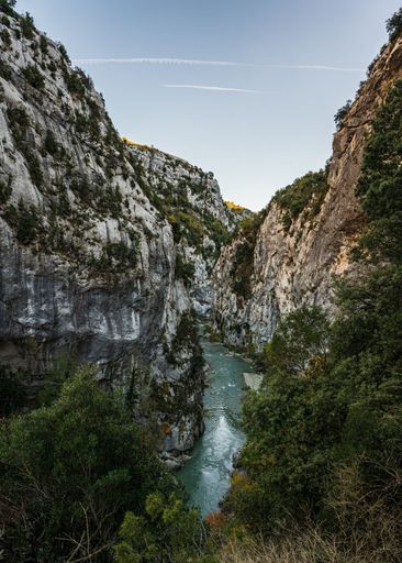 A vertical shot of a stream flowing through the hiking area Sentier Blanc-Martel with trees under the clear sky