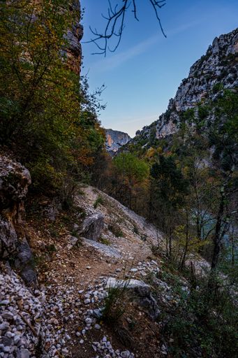 A vertical shot of the hiking area Sentier Blanc-Martel with trees under the blue sky in autumn