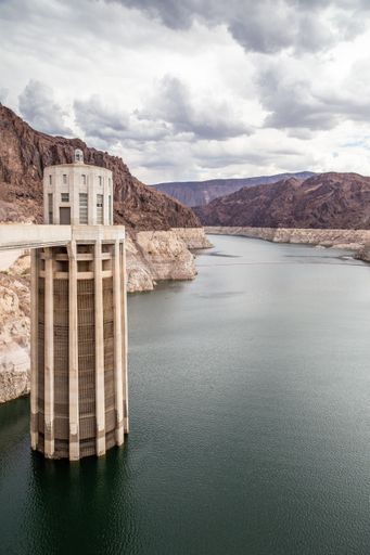 Low water level in Lake Mead, as seen from the top of Hoover Dam.