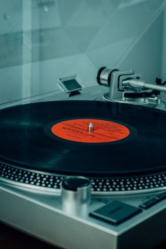 A Russian vinyl of the Beatles band on a turntable