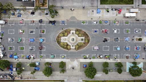 An aerial shot of homeless camps on Fulton St in San Francisco during pandemic