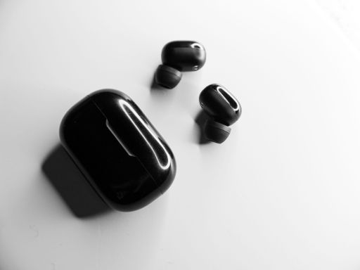 A top view grayscale of wireless earbuds with a black powerbank on a white background