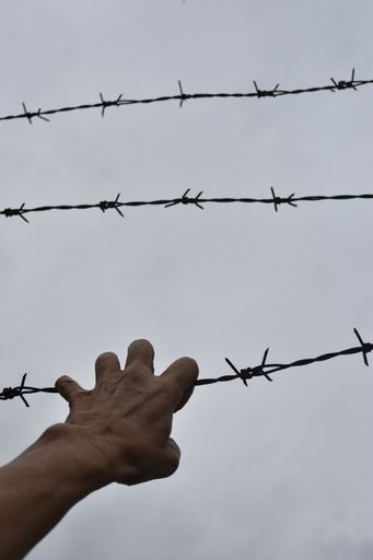 A vertical shot of a person holding a barbed wire under a cloudy sky - concept of freedom