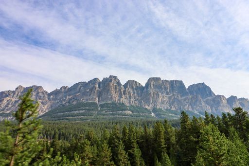 A beautiful scenery of a mountain range under cloudy sky with a forest in the foreground