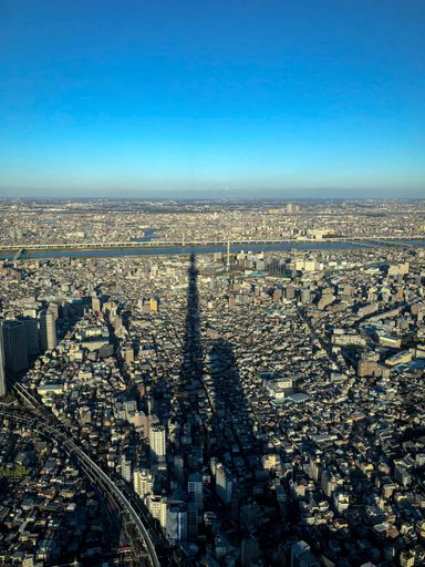 A vertical shot of the Tokyo skyline under a blue sky