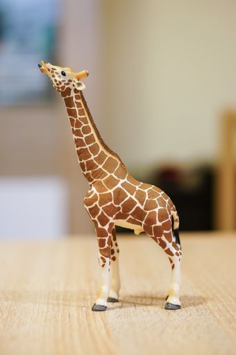 Schleich giraffe figurine standing on a wooden table