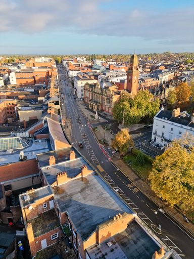 An aerial view of Leamington Spa, Warwickshire on a sunny day