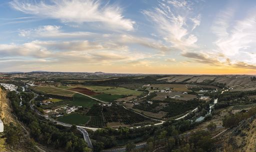 A beautiful view over the Guadalete river and surrounding countryside from New Pena Balcony, Arcos de la Frontera, Cadiz Province, Spain
