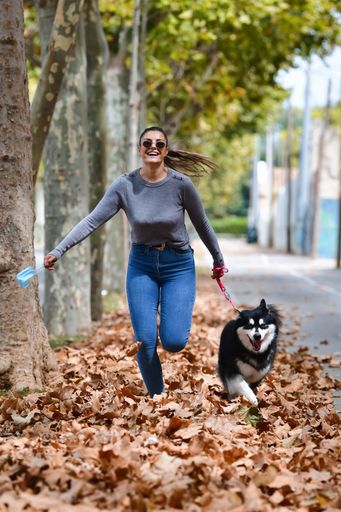 Woman holding a surgical mask and a beautiful dog running on dry leaves in the street. New lifestyle and pets concept.