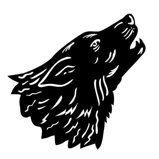 Illustration showing head of wolf or wild dog howling viewed from side done in retro woodcut black and white. 