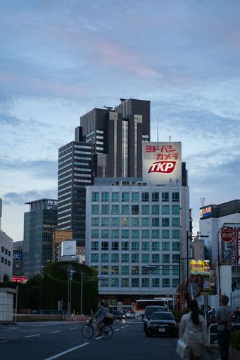 The famous Japanese buildings in Tokyo, Japan against a clouded sky