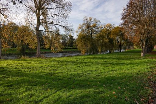 A panoramic shot of a beautiful landscape with green grass, trees and a river in a fall season