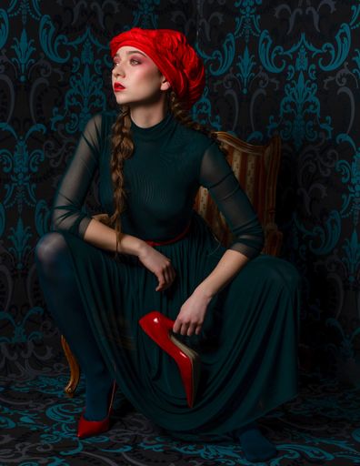 Young woman in green dress and red headgear, red shoes in her hand. This photo was taken with studiolight, it is fineart picture.