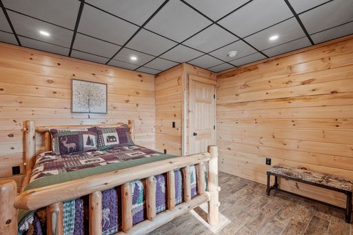 A room interior of log cabin in mountains