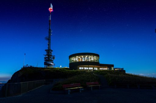 Revolving restaurant and mountain inn on the Hoher Kasten in the Alpstein illuminated by the moonlight