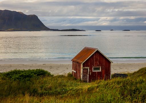 A landscape of a red cabin house on green beach by  water in Lofoten Islands, Norway at sunset