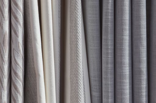 A closeup shot of curtain samples with different patterns hanging in a market