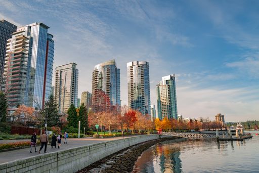 A beautiful shot of the high-rise buildings in Coal Harbour, Vancouver