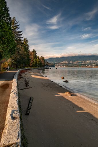A vertical shot of the sidewalk near the lake in the Stanley Park in Vancouver, Canada