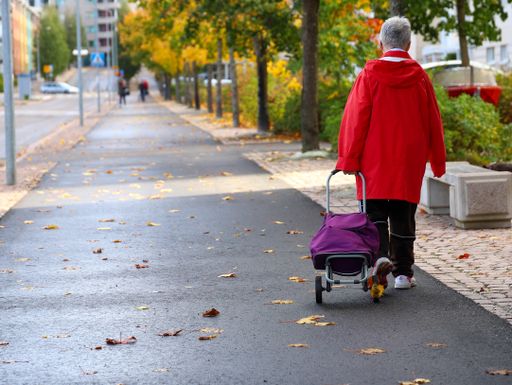 A closeup shot of an old lady walking on the street with a shopping stroller